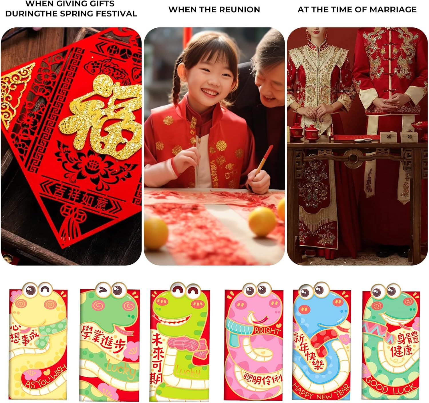 Chinese New Year Red Envelopes,12Pcs Red Envelopes Chinese Year of the Snake 2025 Lucky Money Envelopes for Cash Gifts,Cartoon Snake Hong Bao Red Pocket for New Year Spring Festival,8.8X16.8Cm image number 5