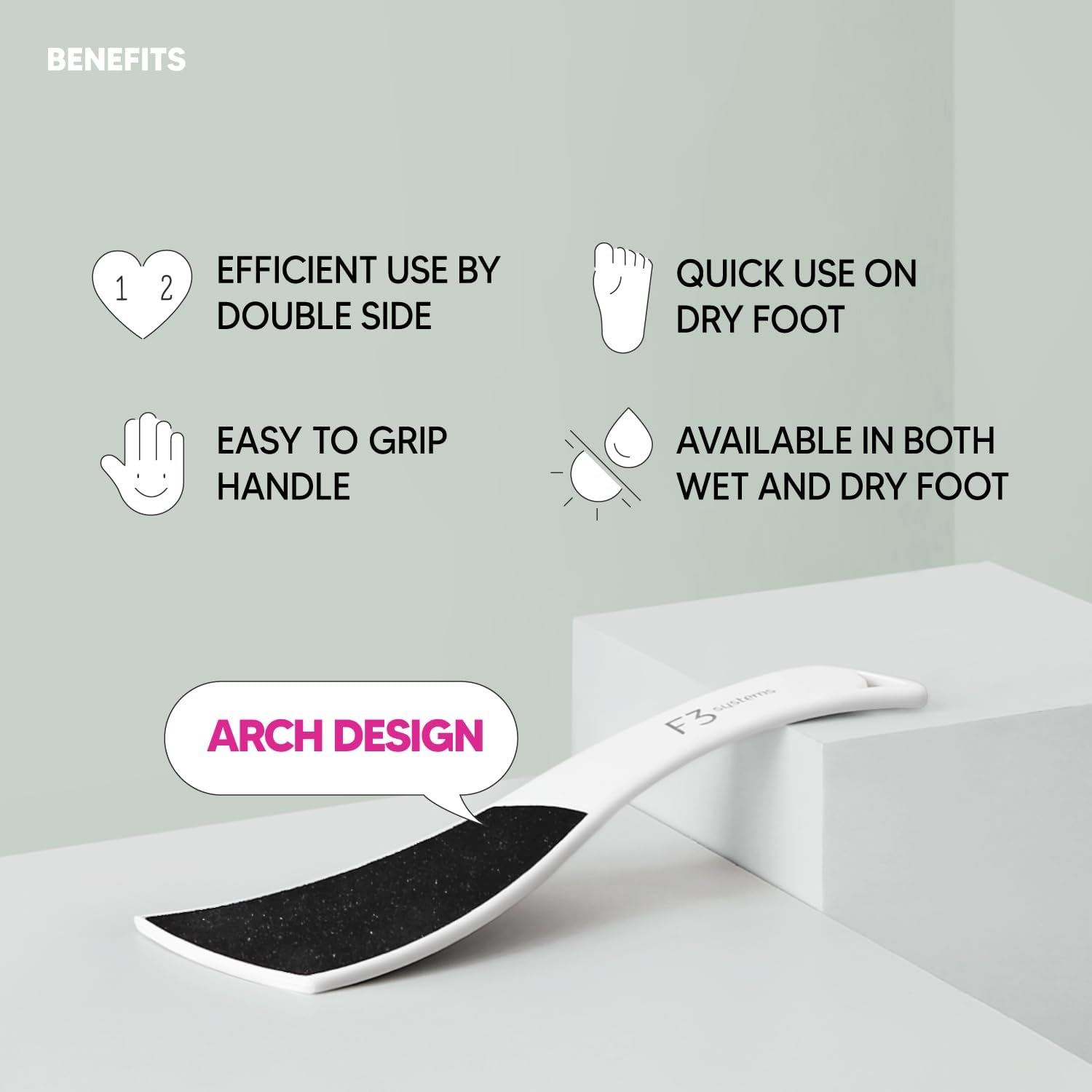 F3 Systems S-Line Emery Foot File, Colossal Double-Sided Pedicure Tool, Effective for Cracked Heel, Ergonomic Design for Easy Grip (White) image number 1