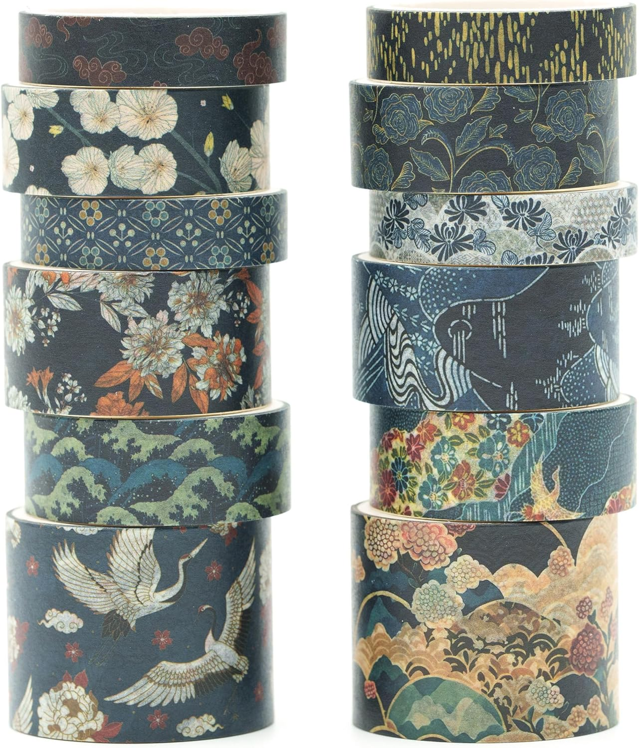 KAVI' S 12 Rolls Kyoto Charm Washi Tape Set Japanese Arts Adhesive Tapes Geometric Garden Decorative Masking Tape Sets for Craft, Kids, Scrapbook, DIY, Gift Wrapping (Black Elegance)