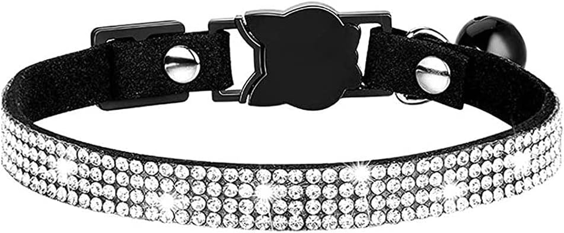 Serijoars Cat Collars,Rhinestone for Girl Cats Bling Kitten Flower Adjustable Breakaway Collar with Bell Soft Velvet Leather Collar for Puppy Small Dogs (Black)