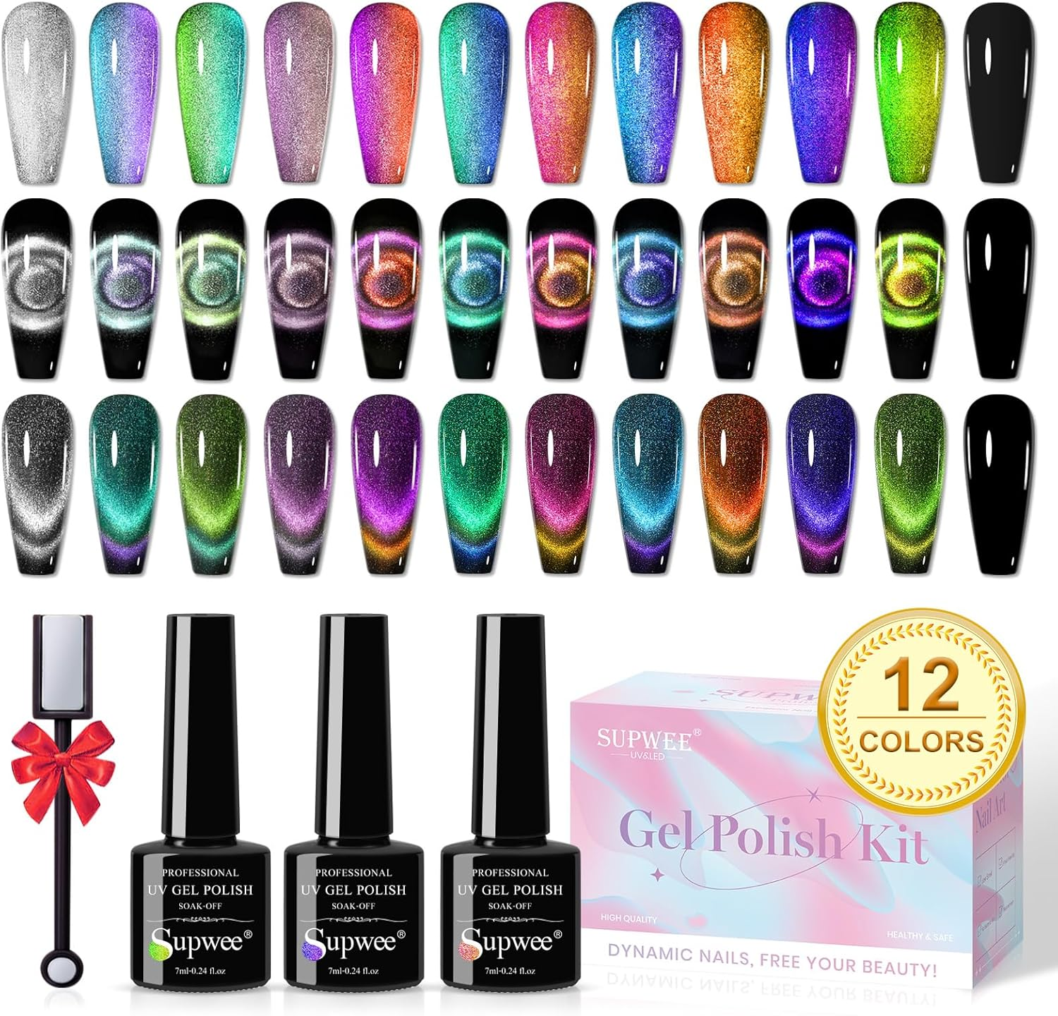 SUPWEE Cat Eye Gel Nail Polish Set with Magnetic Gel Polish Cateye Nails Magic Chameleon Galxy Effects 12 Colors Home Manicure for Women Girl image number 1