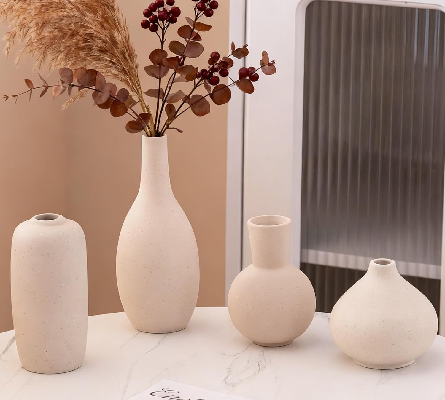 VASETOPIA Beige Vase Set of 4, Elegant Ceramic Flower Vase Minimalist Boho Home Decorations for Living Room, Table, Gifts (09 Beige)