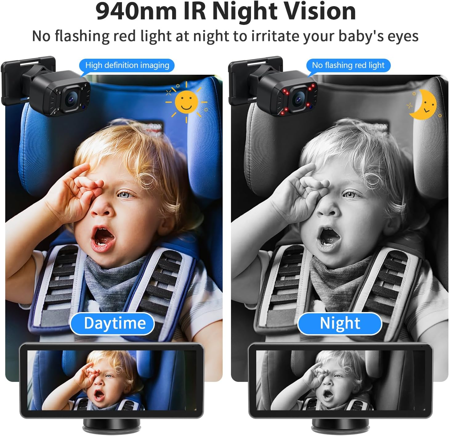 Itomoro Baby Car Camera Dual-Channel 6.8 Inch HD 1080P Display with 2 IR Night Vision, Baby Car Mirror Easily Install Car Camera for Baby with Crystal Clear Wide View for Rear Facing Seat image number 4