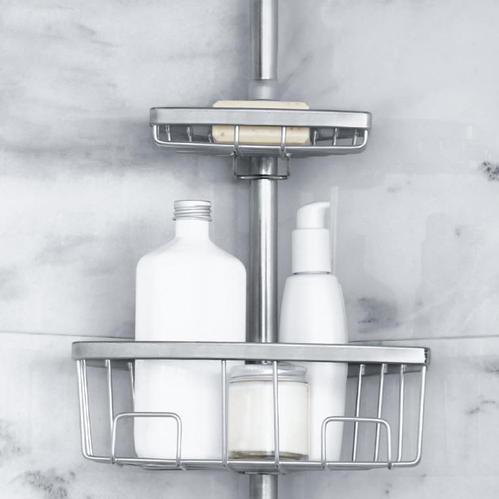 SOQ 4 Tier Shelf Corner Bathtub Shower Caddy Luxury Telescopic Metal Spring Tension Pole, Adjustable 201-266CM (Silver)