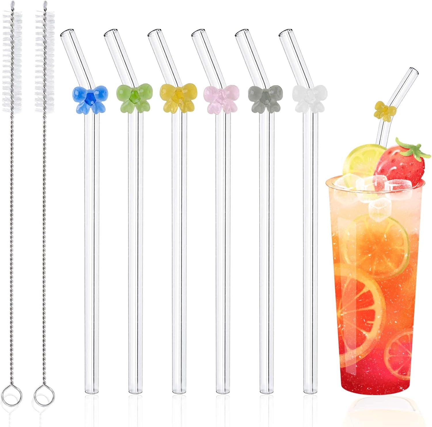 6 Pcs Glass Straws Shatter Resistant with Cute Pink Bow, Reusable Straw Dishwasher Safe with 2 Cleaning Brushes for Pink Lover, Juice, Summer Beach, Birthday Party