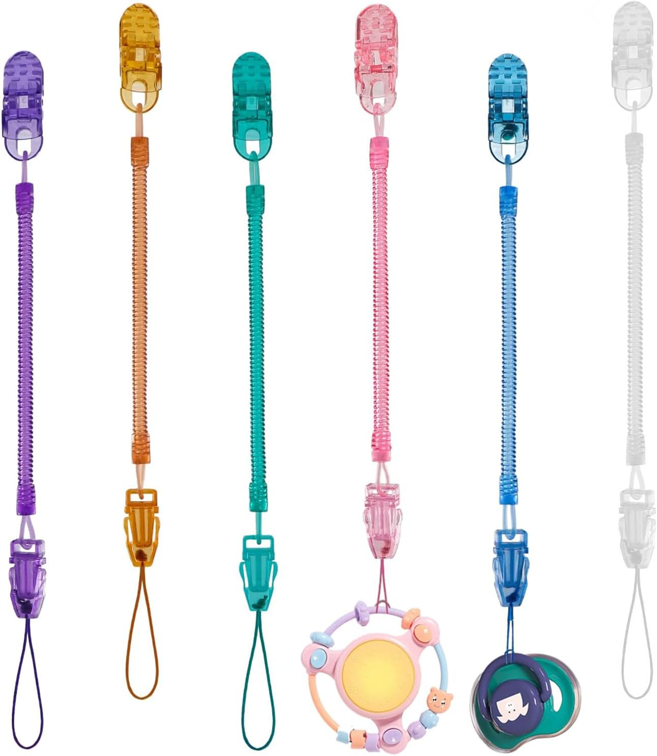 6 Pack Pacifier Clips with Adjustable Spring, Flexible Pacifier Holder Clips for Baby Boys and Girls, Retractable Chain Bpa-Free, Lightweight Fits for Dummies & Soothers & Teething Toys, Great Baby Gifts image number 1