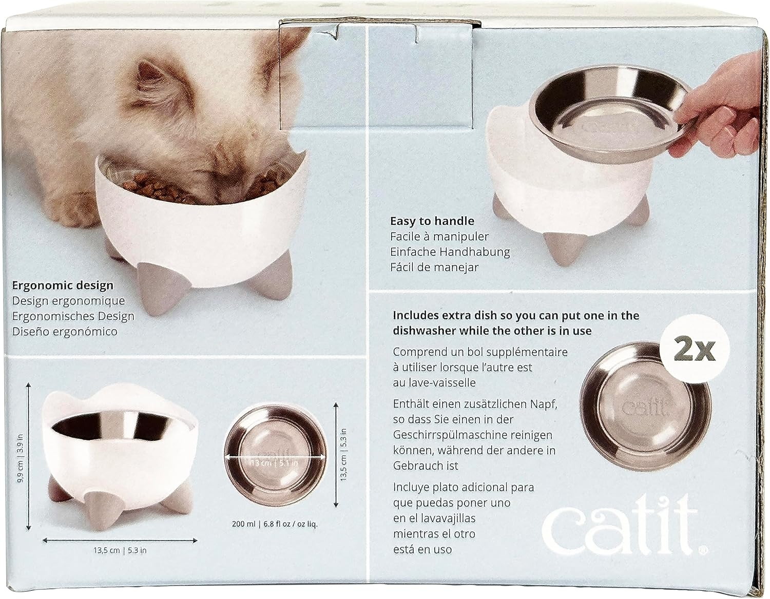 Catit Pixi Feeding Dish with 2 Shallow Stainless Steel Dishes, Easy to Eat, Cat Motif Feeding Dish