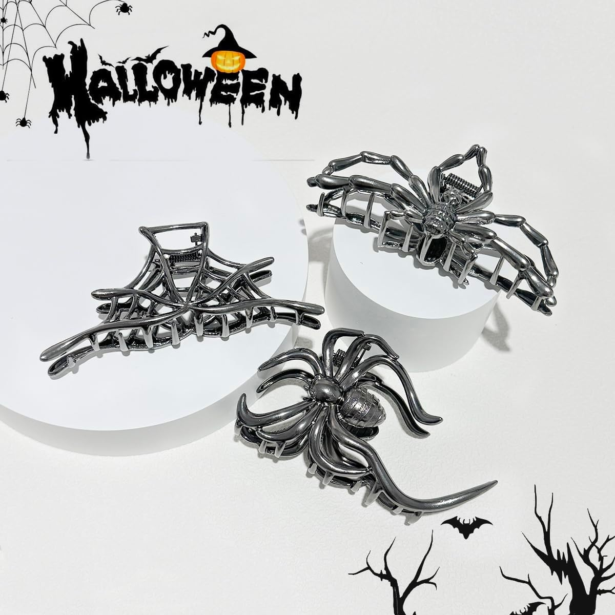 Pack of 3 Metal Hair Clips, Spider Hair Clips, Skull Claw Hair Clip, Non-Slip Claw Clip, Gothic Hair Clips, for Women, Girls, Halloween Hair Styling Accessories (C) image number 1