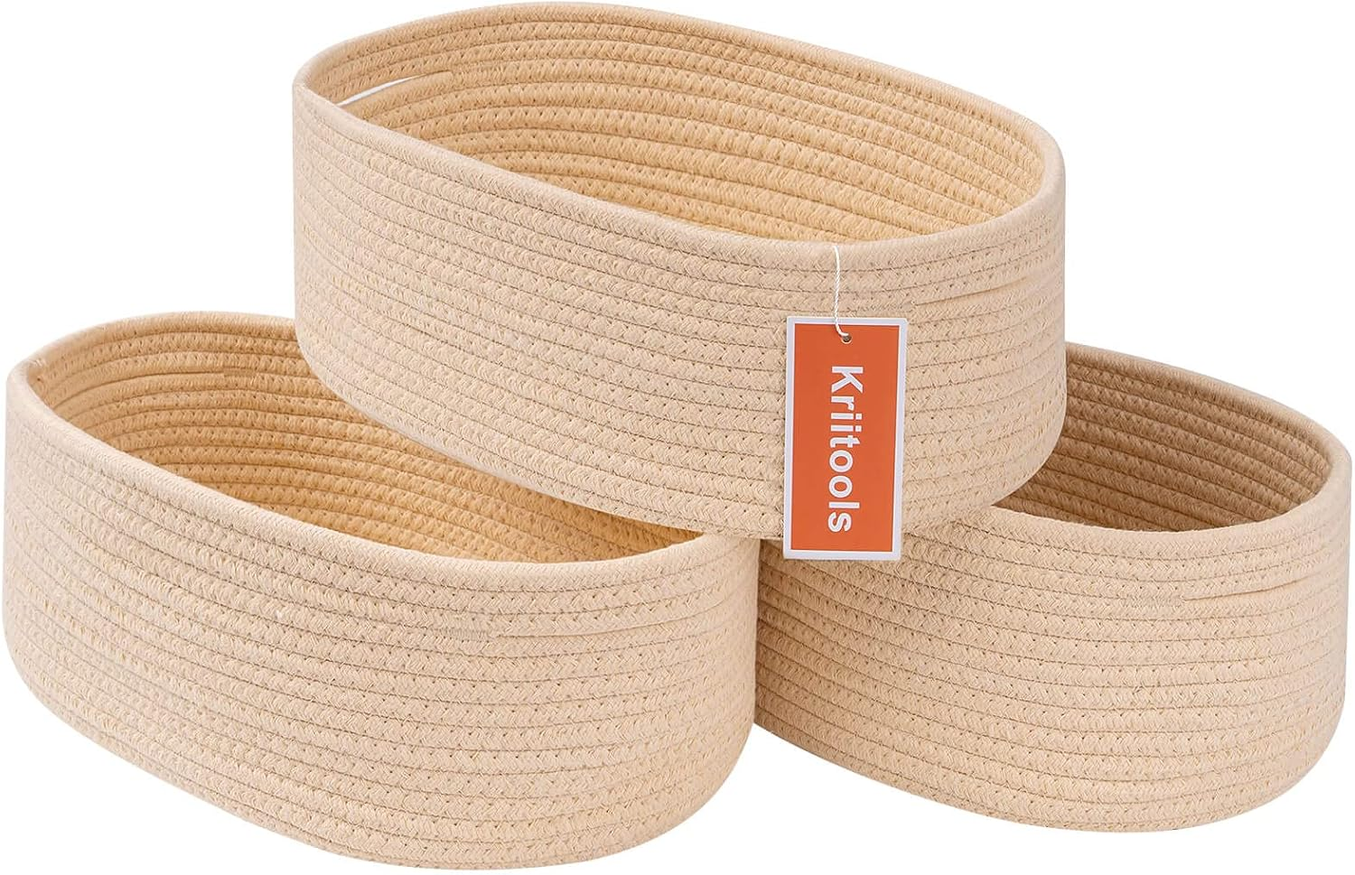 Kriitools Shelf Storage Baskets for Organizing|Cute Basket for Closet&Blanket Storage|Small Woven Baskets to Store Toys,Books,Etc.-13X8.66X5.11&rsquo;&rsquo; Cotton Rope,Stylish,Oval 3 Packs off White&Green