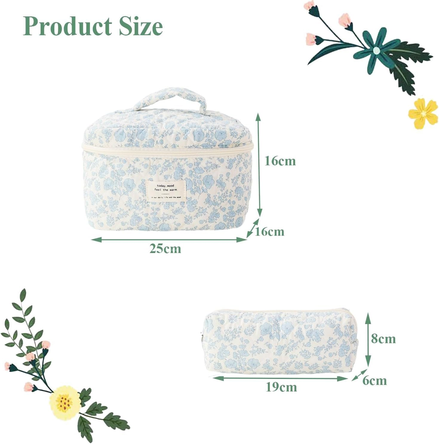 ZANZER 3 PCS Travel Quilted Cotton Makeup Bag Set - Floral Cotton Cosmetic Bag Travel Toiletry Pouch Portable Beauty Cosmetic Storage, Ideal Gifts for Girls Women, Mothers Day Gift (Dark Blue Flower) image number 6