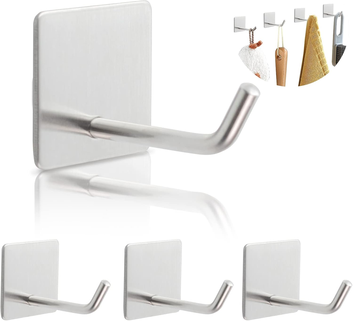 LIOUCBD 4PCS Adhesive Sticky Wall Hooks Heavy Duty, Long Stainless Steel Towel Hooks for Hanging Kitchen Bathroom Home, Waterproof Hook Wall Hanger Holder for Key Hat Coat Bag (White) image number 5