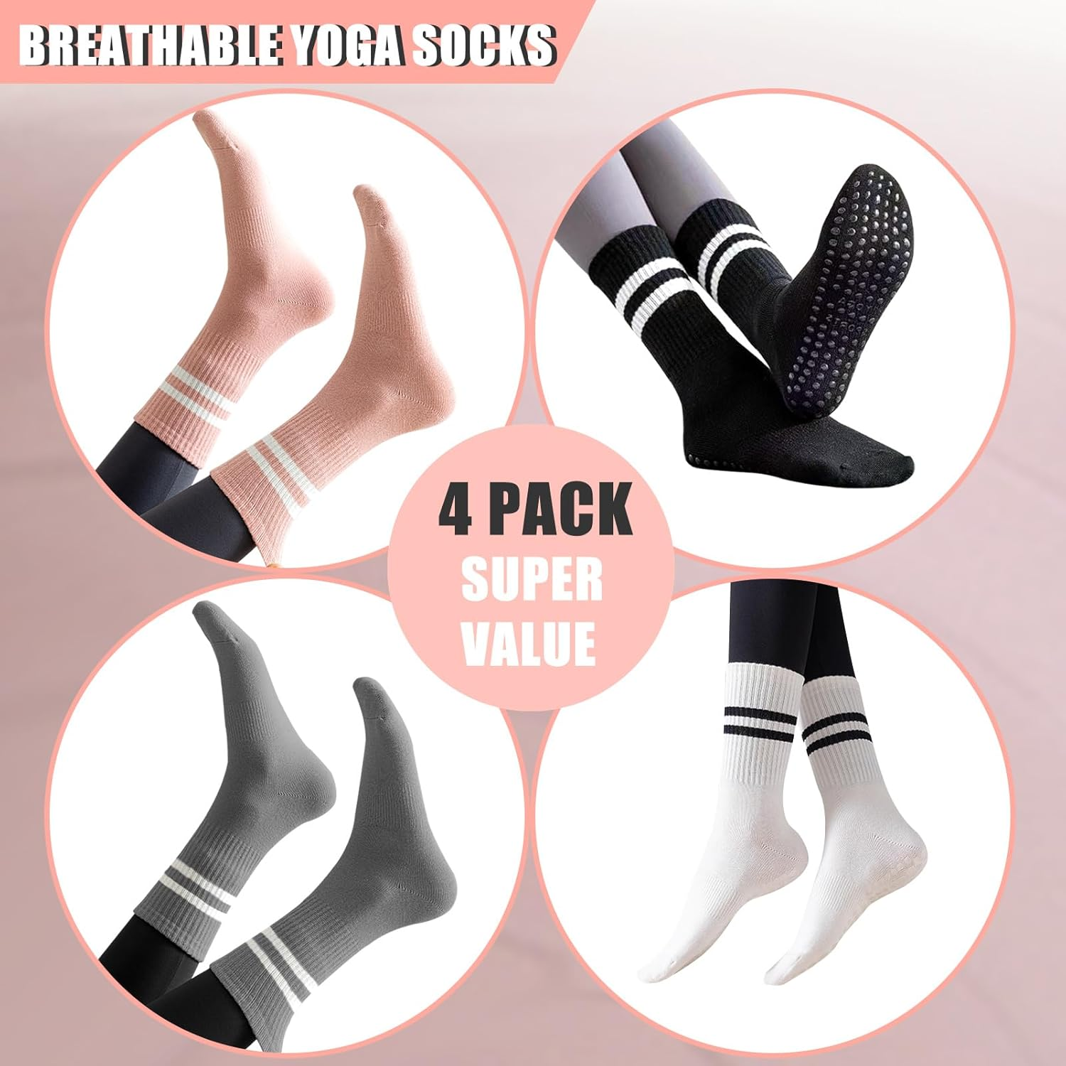 4 Pairs Pilates Yoga Grip Socks, Non Slip Pilates Socks Ladies Mid-Calf, Breathable Cotton Yoga Socks for Gym image number 5