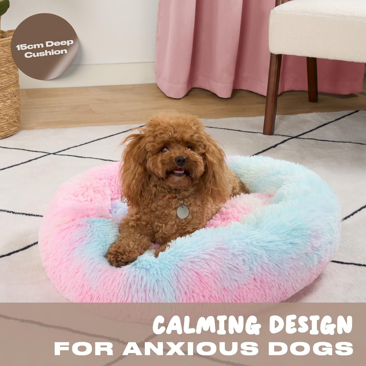 OHS Large Pink Dog Bed, Super Soft Fluffy Luxury Puppy Bed Pink Cat Bed for Dogs Pets Warm Circle Donut Dog Beds for Home Living Room Kitchen, Tie-Dye image number 5