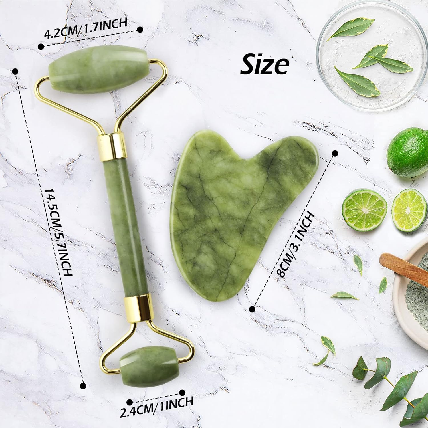 Geeric Jade Roller and Gua Sha Scraping Massage Tool Anti-Aging Quartz Natural Facial Jade Stone Set - Face Eye Neck Beauty Roller for Slimming&Firming - Rejuvenate Skin & Remove Wrinkles Green image number 2