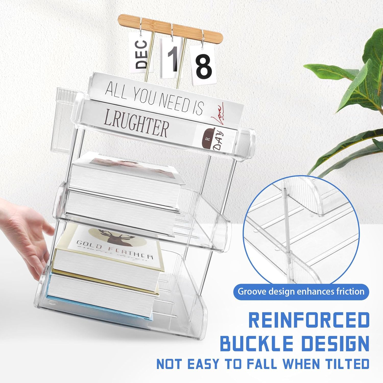 4 Tier Countertop Letter Tray, Clear Office Desk Letter Organisers, A4 File Tray, Stackable Paper Organiser, File Holder with Pen Holder and Extra Storage Box for Home Office School image number 4