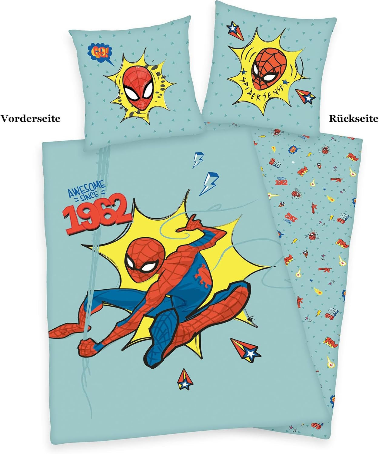 Herding Spiderman Bed Linen Set, Pillowcase 80 X 80 Cm with Buttons and Reversible Motif, Duvet Cover 135 X 200 Cm, with Button Closure, 100% Cotton/Linen