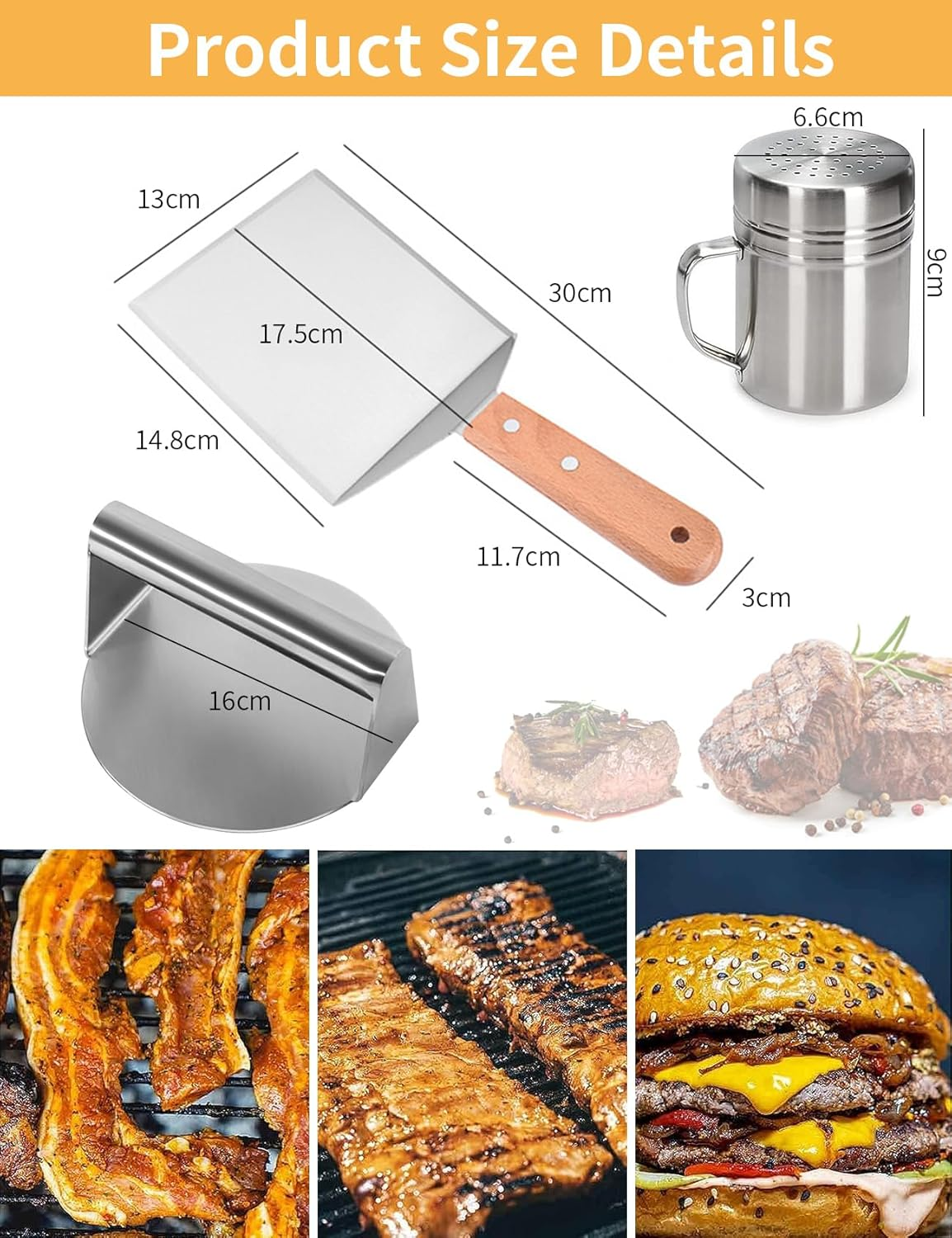 3 PCS Smashed Burger Kit, Burger Press+Grill Spatula+Seasoning Shaker, Stainless Steel Burger Smasher, Outdoor Cooking, Hamburg Making Kit, Barbecue Accessories Kit for Flat Griddle, Grilling Gift image number 2