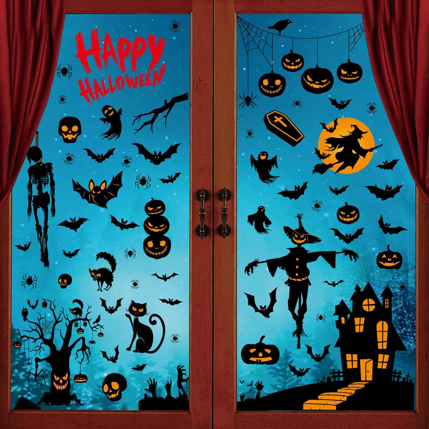 9 Reusable Halloween Window Stickers, 95 Pcs Halloween Window Stickers, Double-Sided Removable Halloween Horror Stickers, Perfect for Haunted House Window Decorations and Parties (Classic, Red)