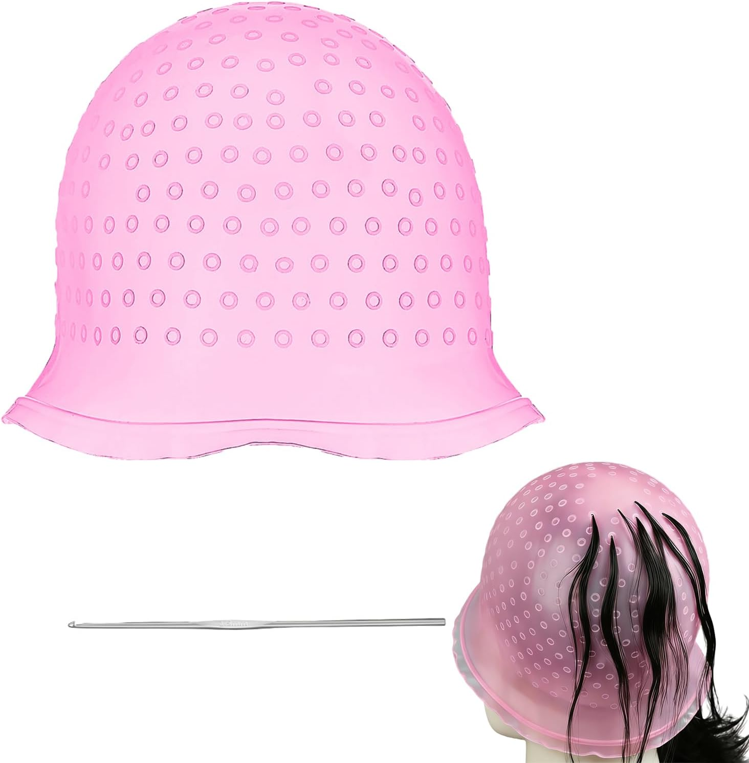 1Pcs Pink Silicone Highlight Cap​ with Steel Hook, Reusable Hair Dye Cap,​ Pre-Punched Holes, Boxed Highlights Cap​ for Salon Home Hair Coloring