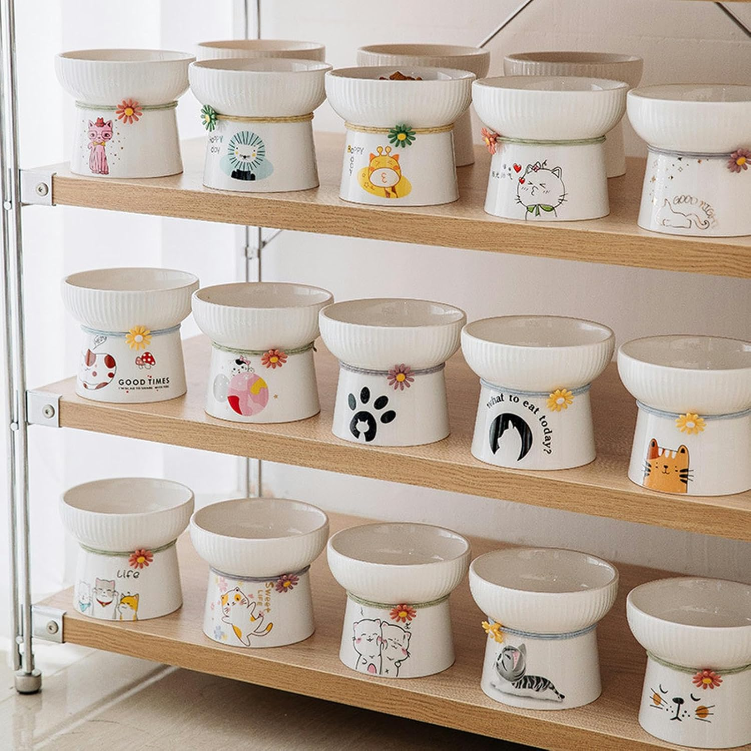 1Pc Pet Drinking Water Japanese Cute Ceramic Grain Bowl Cat and Dog High Foot Bowl Neck Protection Bowl-Moderate-Low Foot Pure White Random