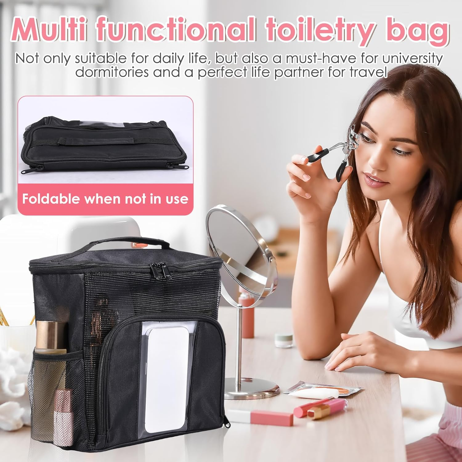 Awobepl Hanging Travel Toiletry Bag, Waterproof Oxford Fabric Toiletry Organizer, Portable Breathable Makeup Bag for Bathroom Camping Trip (Black) - Black image number 3