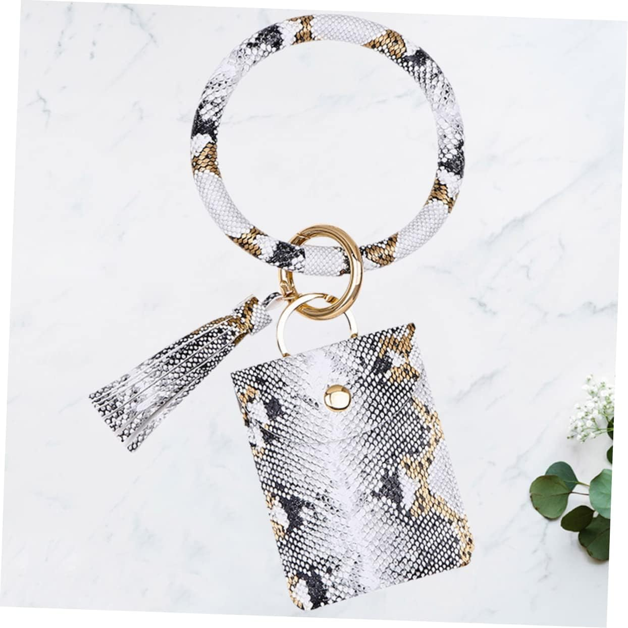 COLLBATH Leather Wristlet Keychain Leopard Purse Card Holder Keychain Key Bracelet Holder Tassel Wristlet Keychain Pu Leather Bangle Keyring Women Coin Purse Women Keychain Coin Wallet Deck - White image number 3