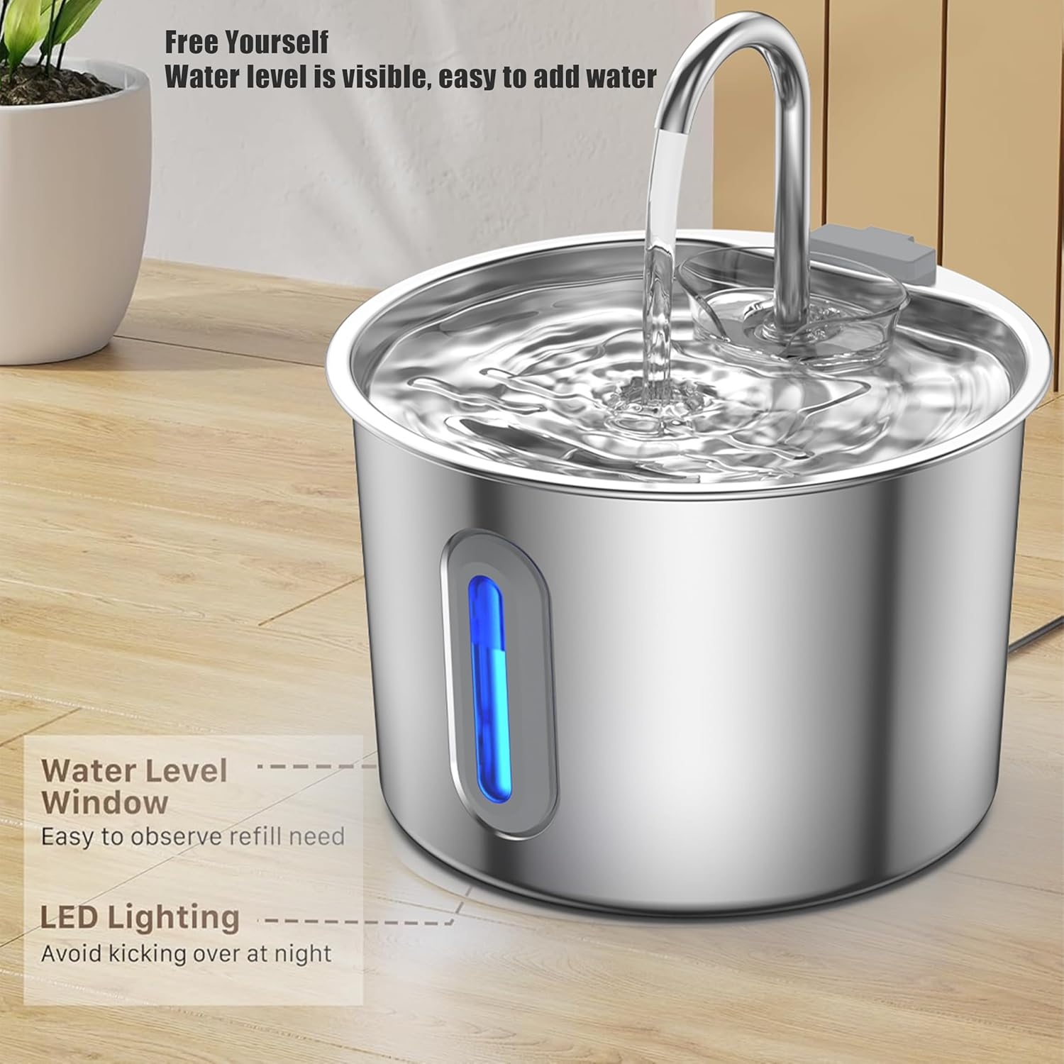 Cat Water Fountain Stainless Steel, 74Oz/2.2L, Cat Fountain Inside, Automatic Dog Watering Dispenser Bowl, Pet Feeding & Watering Supplies, Water Level Window image number 6