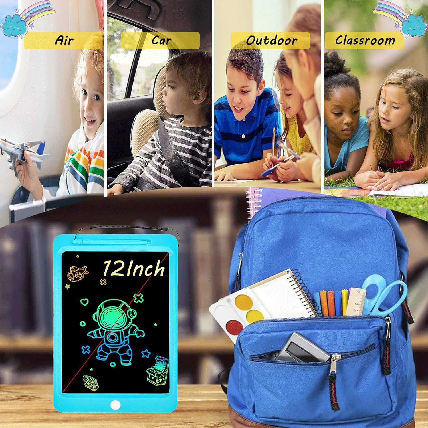 LCD Writing Tablet for Kids 12Inch,Toys Doodle Board Electronic Drawing Pad for Boys Girls Age 3-8 Years, Toddler Drawing Tablet Travel Essentials Christmas Birthday Gift, Blue image number 4