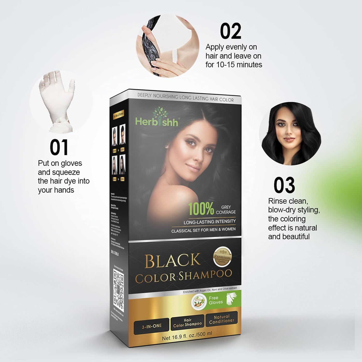 Herbishh Hair Color Shampoo for Grey Hair 500Ml + Argan Hair Mask for Dry or Damaged Hair | Hair Dye | Cover Grey Hair for Men and Women (Black, 500ML+HMASK150) image number 3