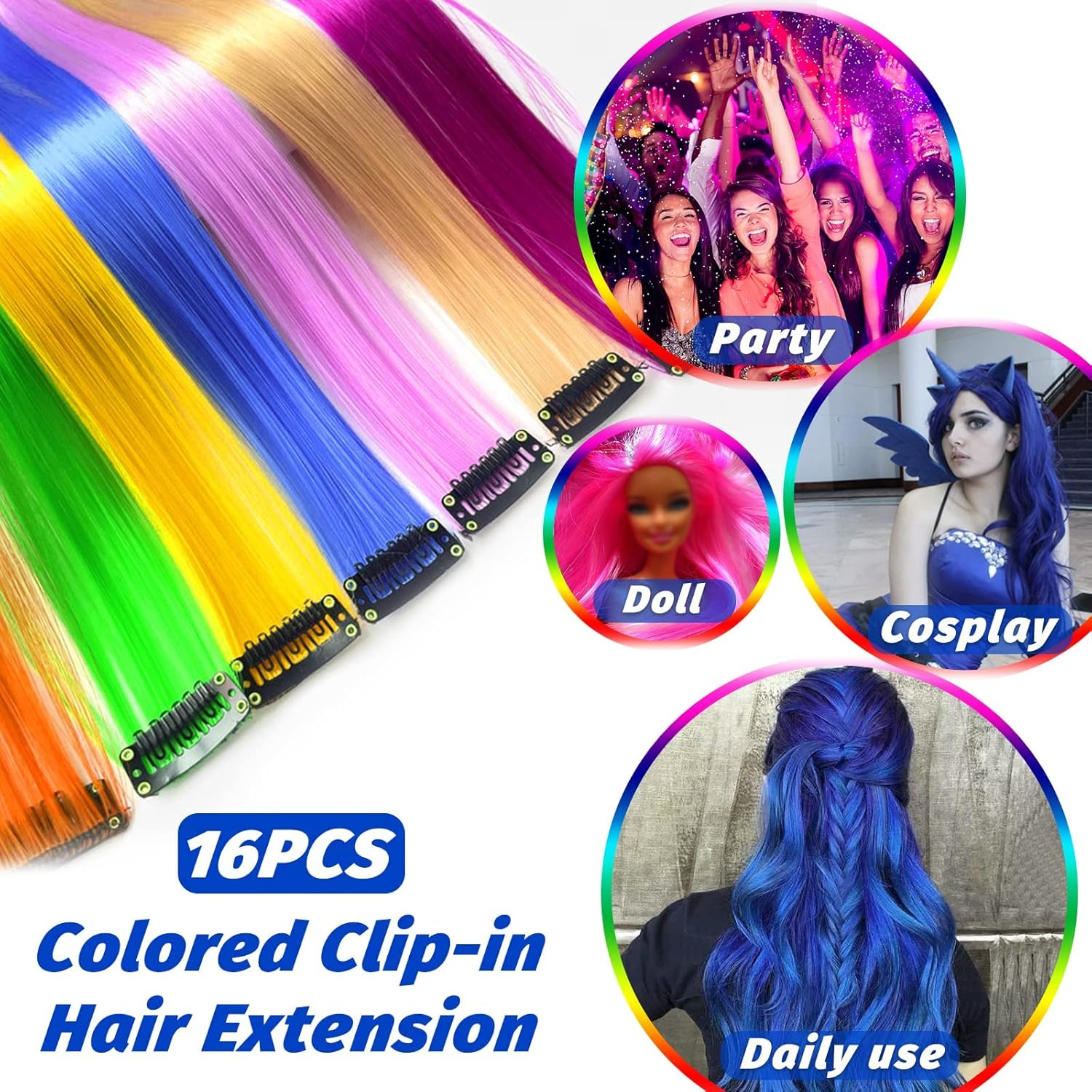 16 Coloured Clip-In Hair Extensions, 22 Inch Colourful Highlights Hairpieces Straight and Long Heat Resistant Synthetic Hair Accessories for Kids Girls Women Party Hair Accessories (16 Pieces-Blue) - Dark Blue image number 6
