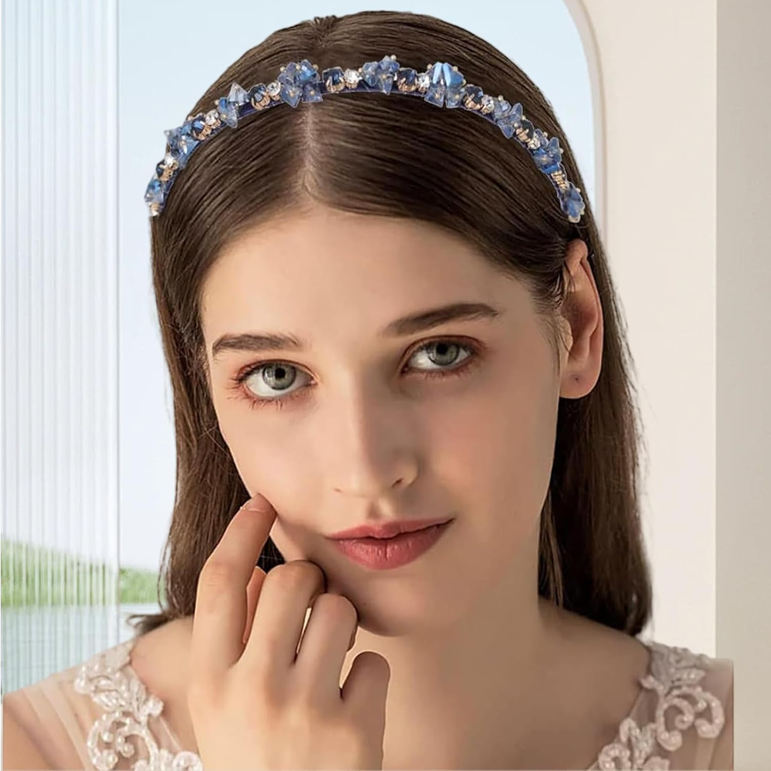 SSKHE Rhinestone Headbands, Dark Blue Glitter Dirndl Costume, Hair Accessories, Blue Metal Hair Band, Crystal Headbands, Princess Headband for Wedding, Communion, Carnival, Pack of 3