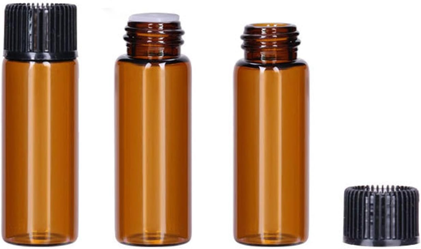 10-Pack Glass Vials Mini Amber Glass Essential Oil Bottle with Black Screw Caps and Central Hole Plugs for Oil, Perfume, Leak Proof Travel（20Ml) image number 1