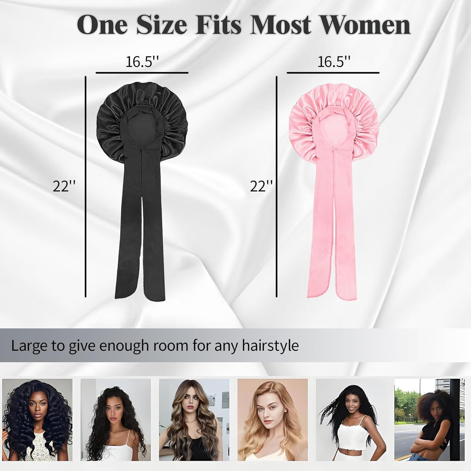 Waytiffer 2PCS Satin Silk Bonnet for Sleeping Jumbo Satin Bonnet, Silk Hair Bonnets Night Sleep Cap for Large Satins Shower Cap for Women （Black&Pink） image number 1