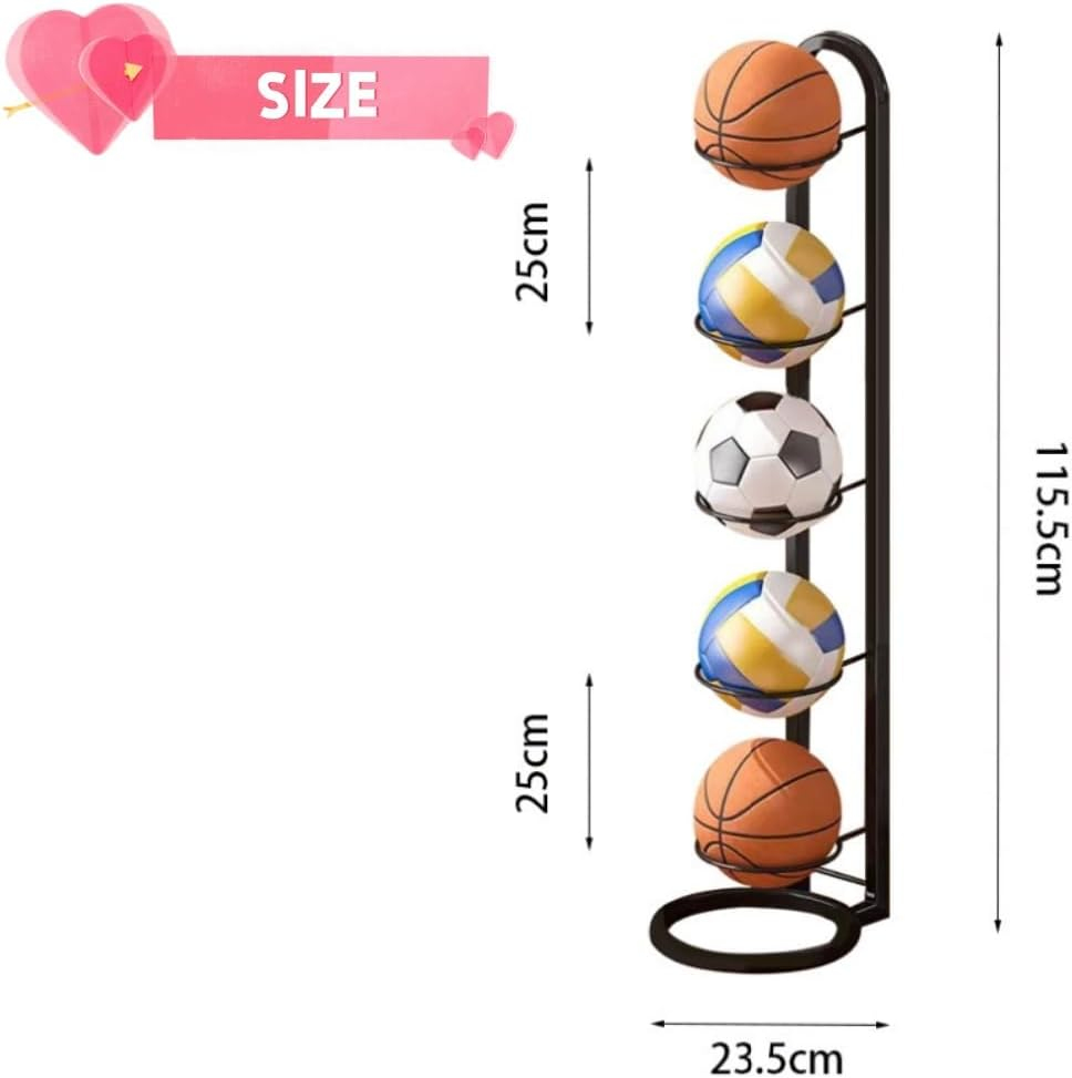 Goxfaca Vertical Basketball Ball Storage Rack, 5 Tier Freestanding Football Stand Ball Holder Sports Equipment Storage for Garage, Basketball Organizer Rack with Basket, Sports Gear Storage