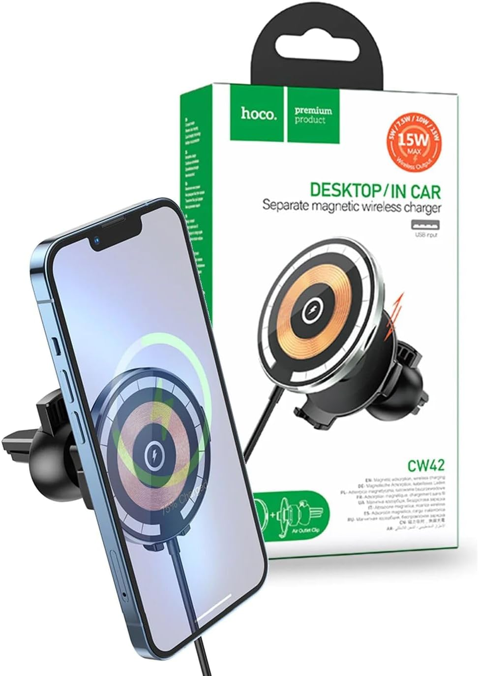 Hoco CW42 2In1 Desktop/In Car 15W Magnetic Holder, Wireless Charger image number 3