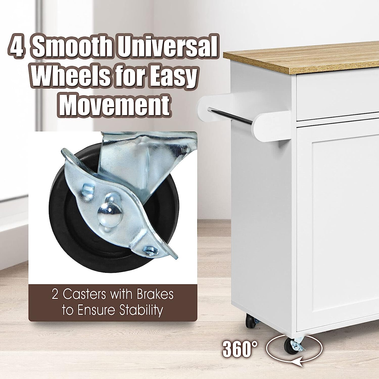 Giantex Wooden Rolling Kitchen Island, Storage Cart Trolley W/Adjustable Shelf, Spice Storage Sgelf, Towel Rack & Drawer, Utility Buffet Cabinet W/Beech Top for Kitchen Dinning Room Canteen, White - Grey image number 2