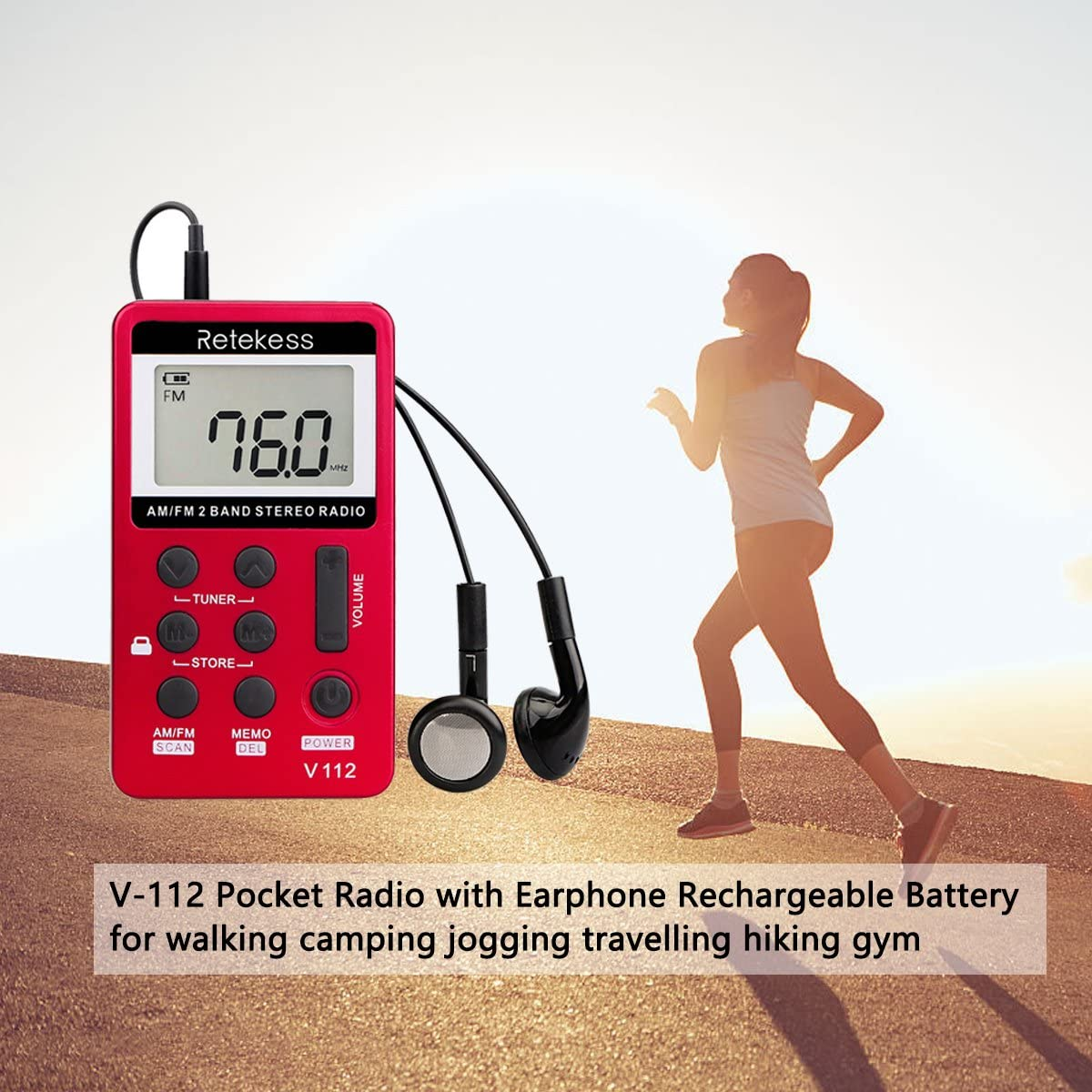 Retekess V112 Portable Pocket AM FM Radio Digital Tuning Mini Little Radios with Earphone Rechargeable Battery LCD Screen for Walk Running Kids Senior Adults (Red+Gold) image number 4