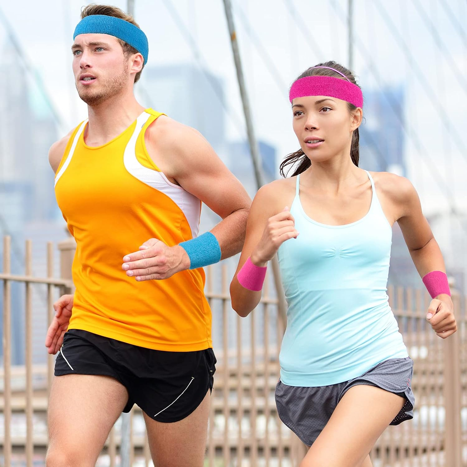 Sweatbands Set, Paris Sports Competitions Supplies Include Sports Headband and Wristbands Sweatbands Colorful Cotton Sweatband Set for Men Women - Rose Red, Fluorescent Yellow, Sky Blue, Light Yellow image number 6