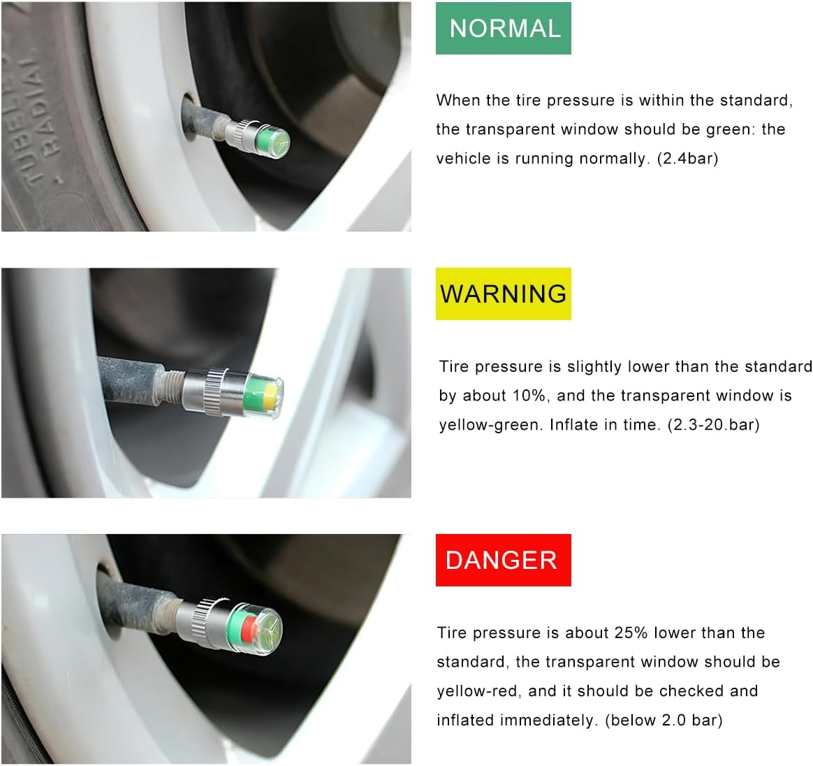 8PCS Tire Pressure Monitor Valve Stem Caps, 2.4 Bar 36PSI Pressure Monitor Stem Covers with 3-Color Eye Alert, Easy to Read Sensor Indicator Tire Valve Cap for Most Car Truck SUV (Silver) image number 6