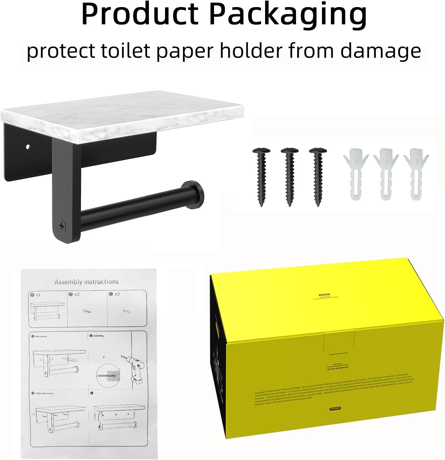 Gypie Marble Toilet Paper Holder with Shelf, 304 Stainless Steel Screw Wall Mounted, Tissue Roll Holder for Bathroom Washroom Matte Black