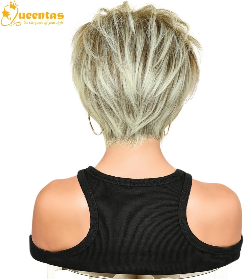 QUEENTAS Short Blonde Wigs for Women Layered Blonde Mixed Brown Pixie Cut Wig with Bangs Synthetic Short Hair Replacement Wig - Gray image number 2