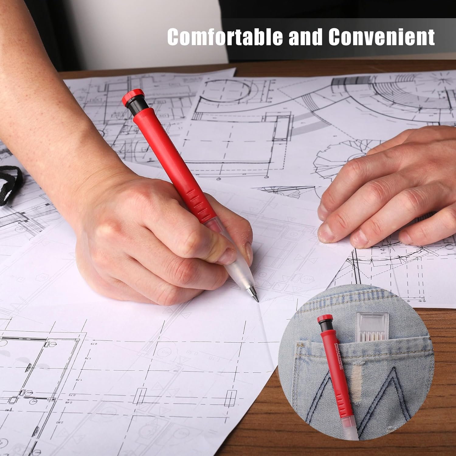 HAUTMEC Solid Carpenter Pencil with 6 Refills, Long Nose Deep Hole Mechanical Pencil Marker with Sharpener for Woodworking Architect Construction (Black, Yellow, Red) HT0293 image number 2