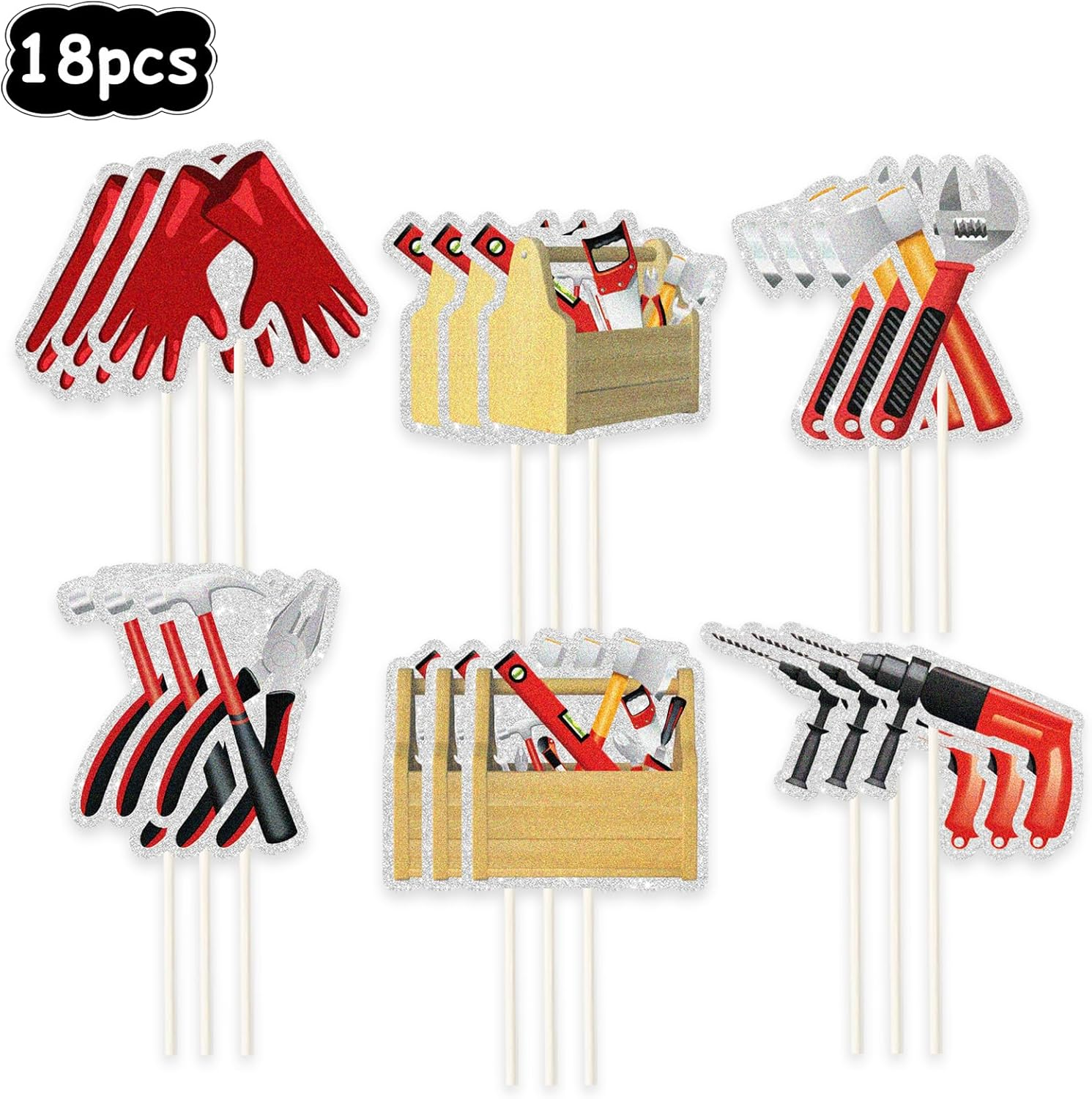 18Pcs Tools Cupcake Cake Toppers, Drill Tape Measure Handsaw Plier Wrench Toolbox Hammer Mechanic Screwdrivers Cupcake Picks,Tools Birthday Party Decorations image number 2