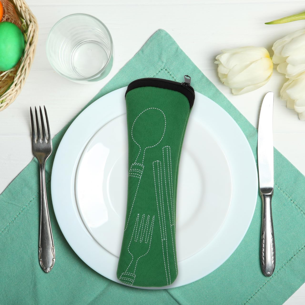 Garneck 4Pcs Portable Cutlery Storage Pouch: Multi-Function Flatware Utensil Bag for Outdoor Travel Camping Dinnerware Carrying Case for Fork Spoon Knife Chopsticks image number 3