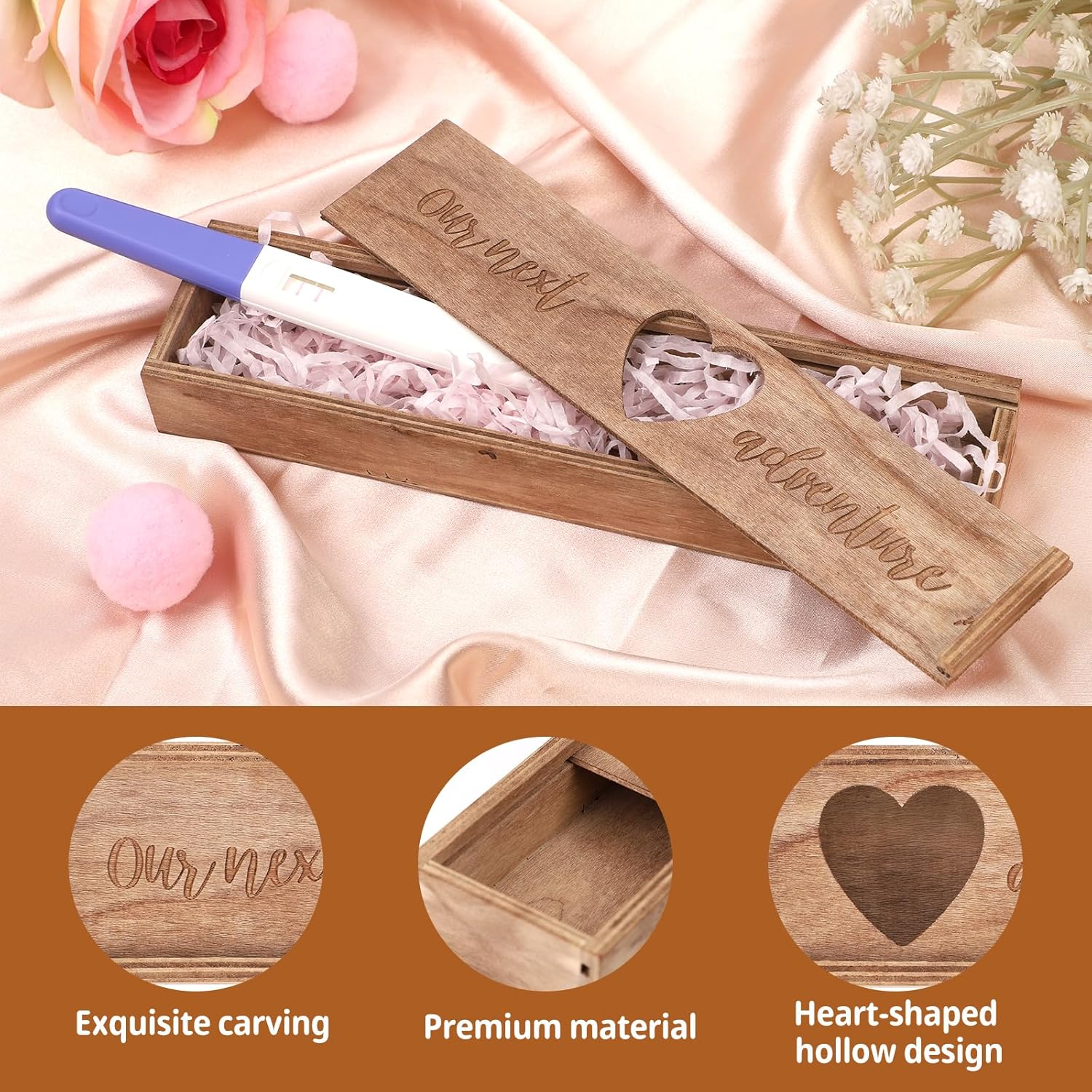 Pregnancy Test Keepsake Box, Wooden Pregnancy Announcement Box Baby Reveal Souvenir Collection Pregnancy Test Gift Box for Husband Father Grandparents (Brown) image number 5