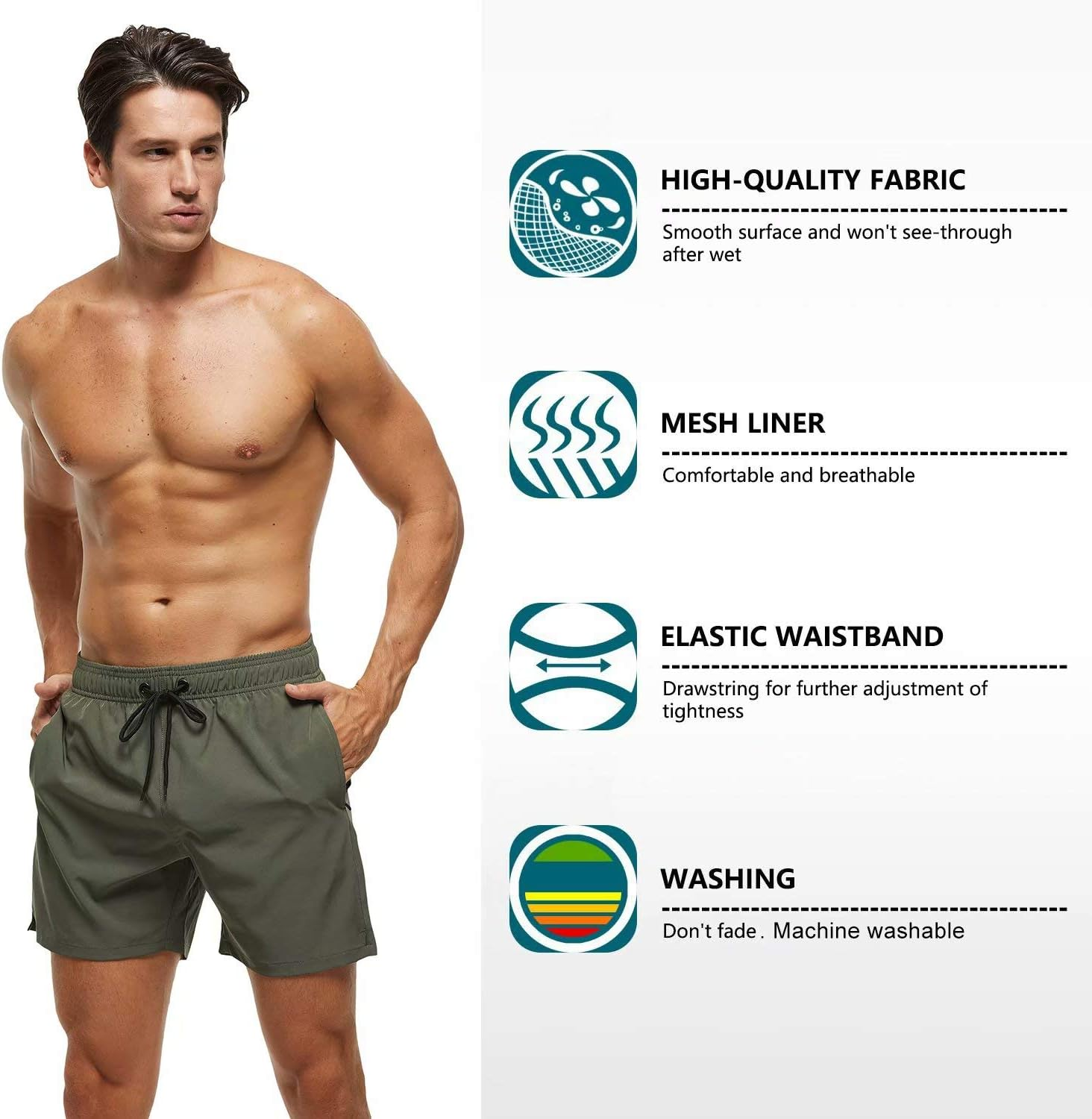Tyhengta Men'S Swim Trunks Quick Dry Beach Shorts with Zipper Pockets and Mesh Lining image number 6