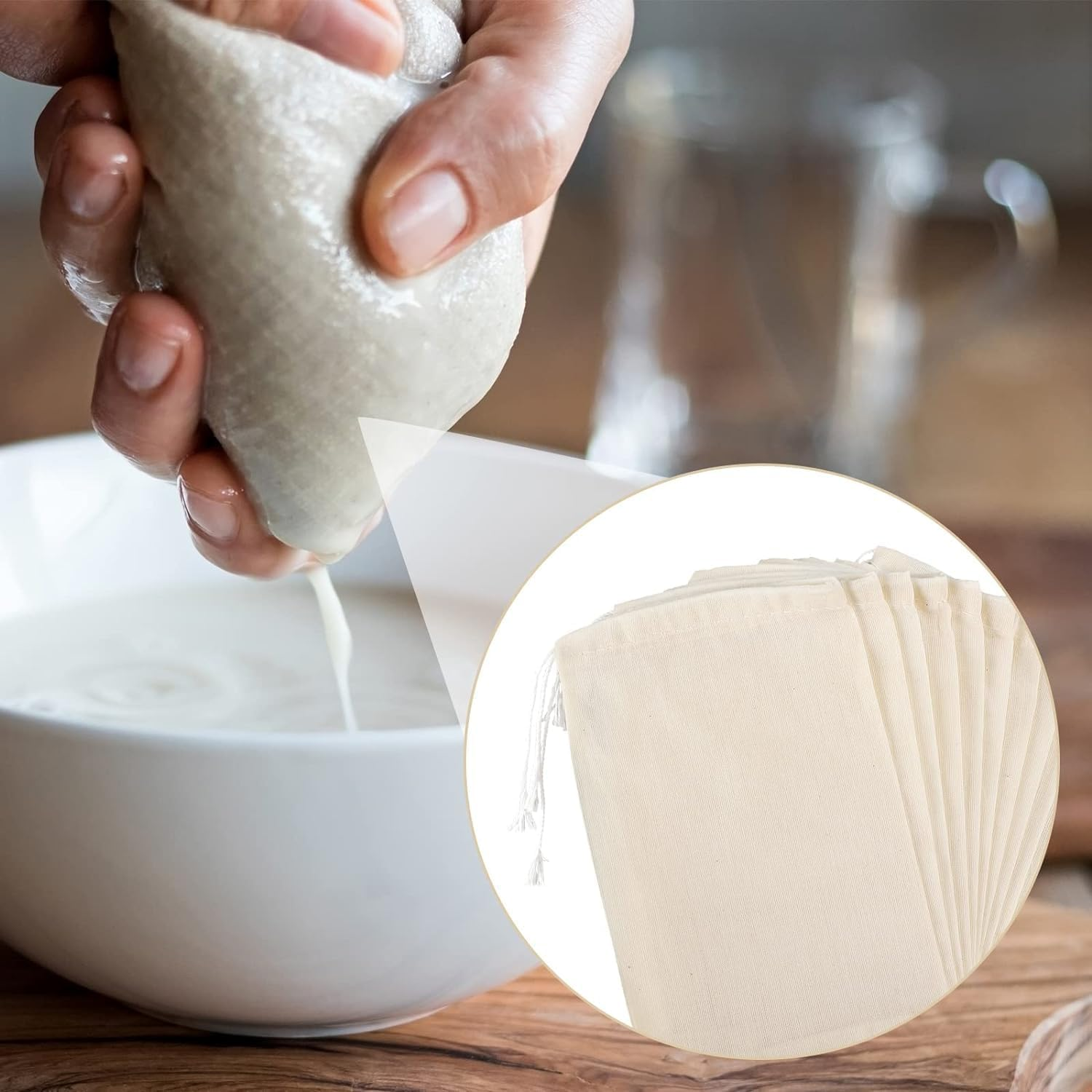 50Pcs Drawstring Bags for Straining,3.9*5.9Inches,Unbleached Cotton Straining Bag for Coffee Tea Filter,Soup Gravy Broth Stew Bags Natural Cotton Fine Mesh Filter Bags,Reusable Fine Mesh Filter Bags image number 2