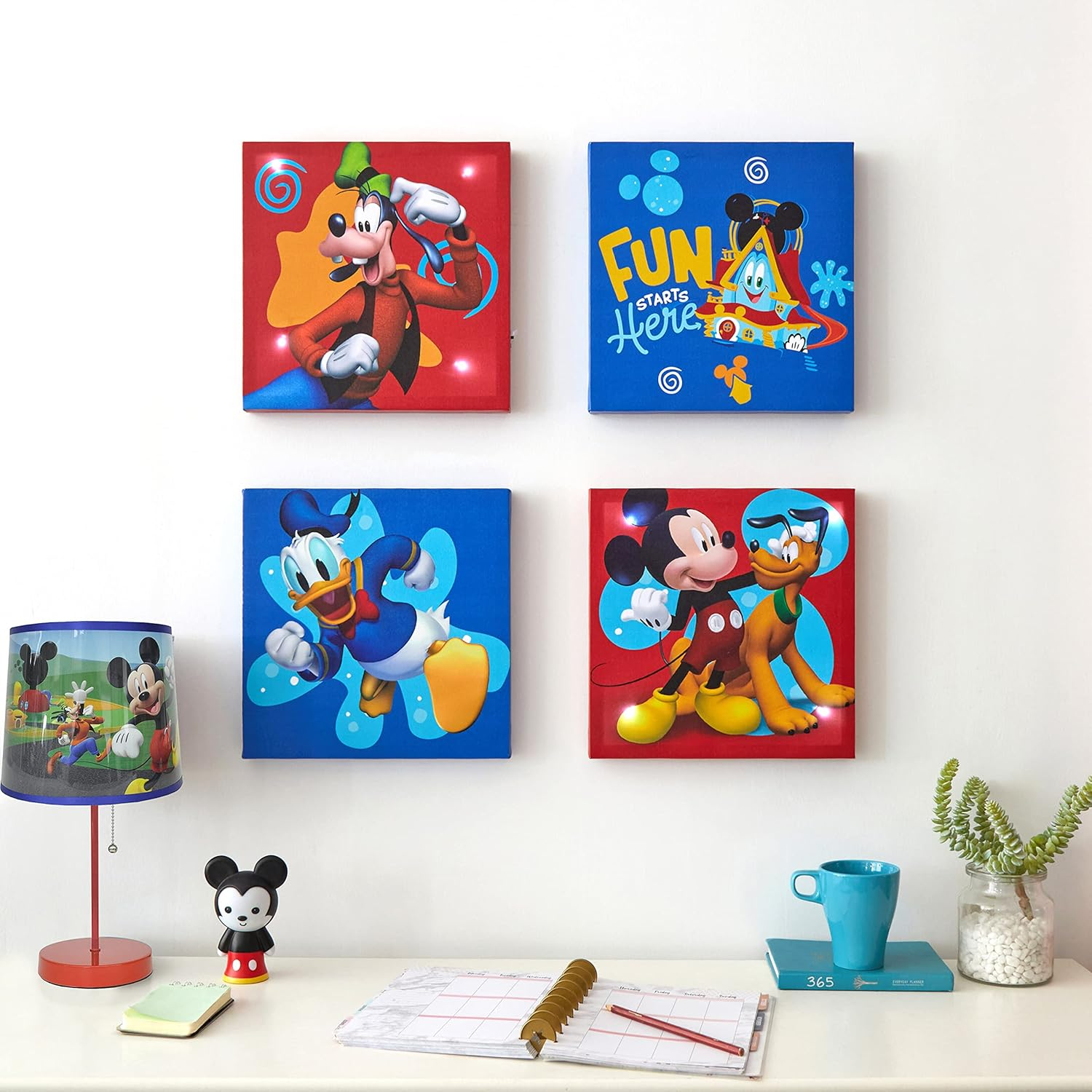 Idea Nuova Disney Mickey Mouse 4 Pack Canvas LED Wall Art Set,Childrens Wall Hanging D&eacute;cor,Each Piece 11"X11"