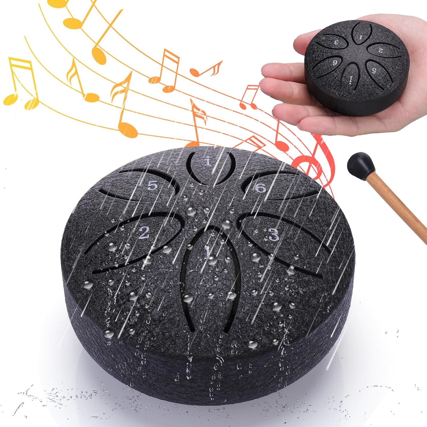 BUSOHA Rain Drum for outside - 3 Inches 6 Notes Steel Tongue Drum Rain Chime, Waterproof Garden Instrument, Mini Hand Drum for Outdoor, DA-477