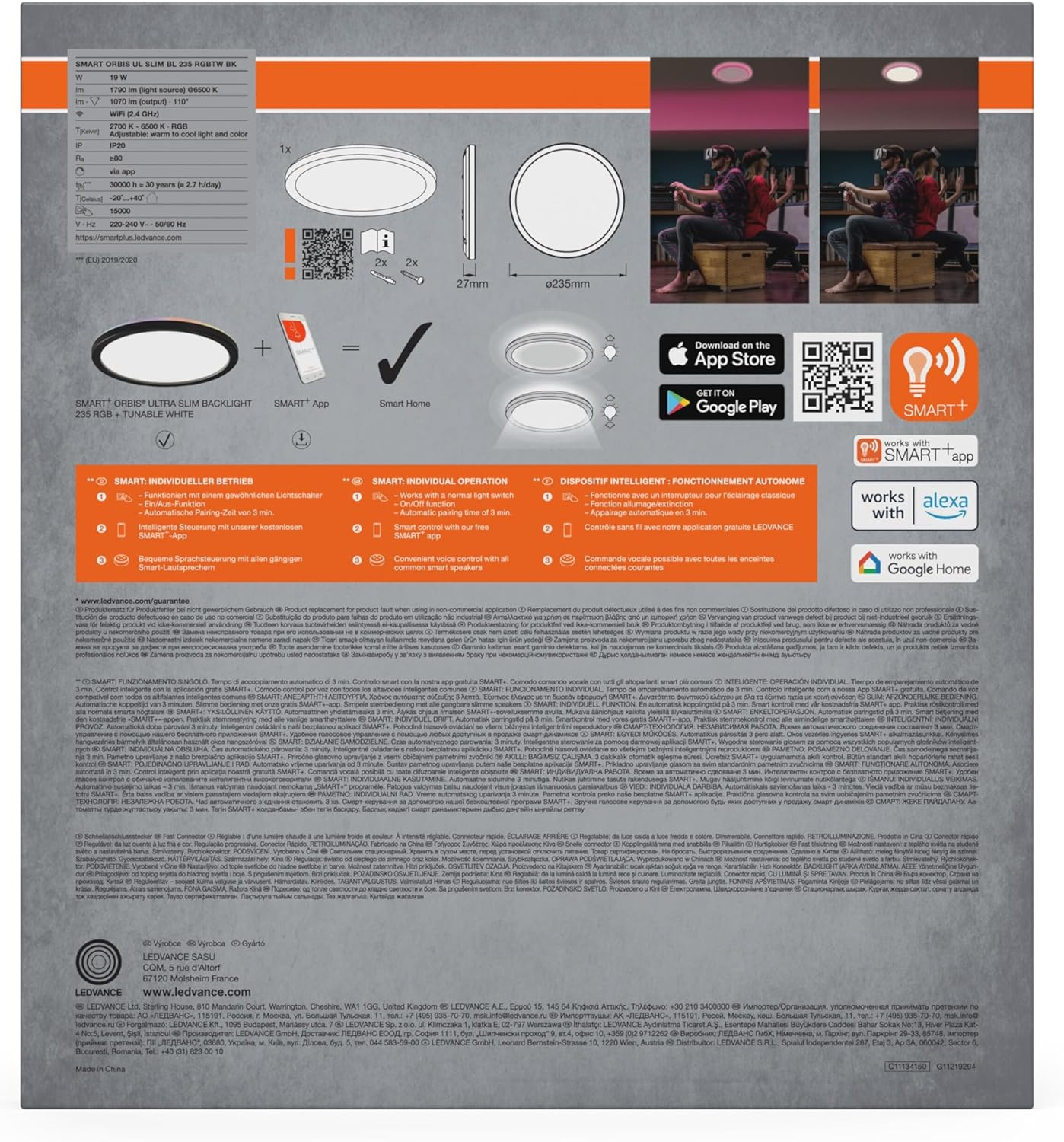 OSRAM Smart+ Orbis Wifi Panel Light, Black, 19 W, 1790 Lm, 235 Mm, Adjustable White Light (2700 K-6500 K), Frame with RGB Colour Light, Dimmable, Controllable via App, Compatible with Amazon, Google